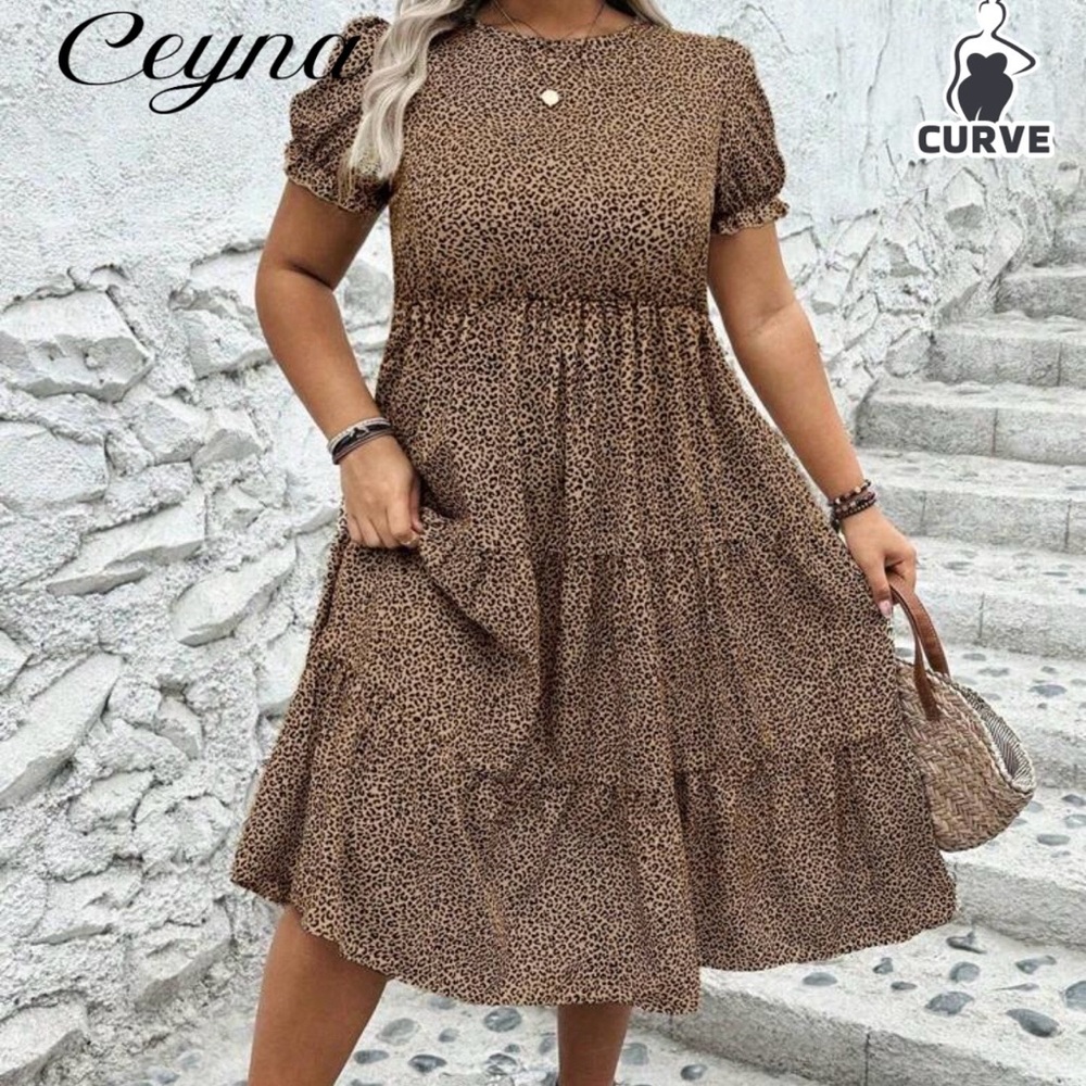 SHEIN Curve Leopard Tiered Midi Dress • Plus Size 2XL